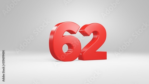 Number 62 in red on white background, isolated glossy number 3d render