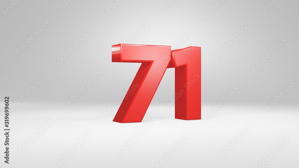 Fototapeta premium Number 71 in red on white background, isolated glossy number 3d render