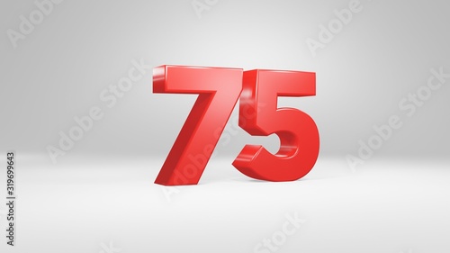 Number 75 in red on white background, isolated glossy number 3d render