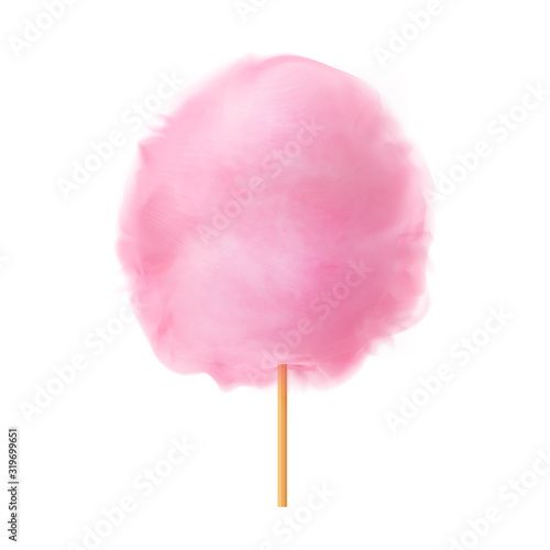 Cotton candy. Realistic pink cotton candy on wooden stick. Summer tasty and sweet snack for children in parks and food festivals. 3d vector realistic illustration isolated on white background