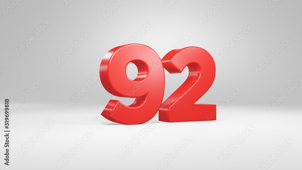 Number 92 in red on white background, isolated glossy number 3d render Number 92 in red on white background, isolated glossy number 3d render
