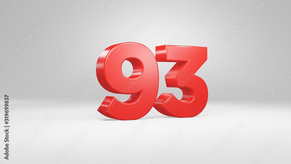 Number 93 in red on white background, isolated glossy number 3d render Number 93 in red on white background, isolated glossy number 3d render