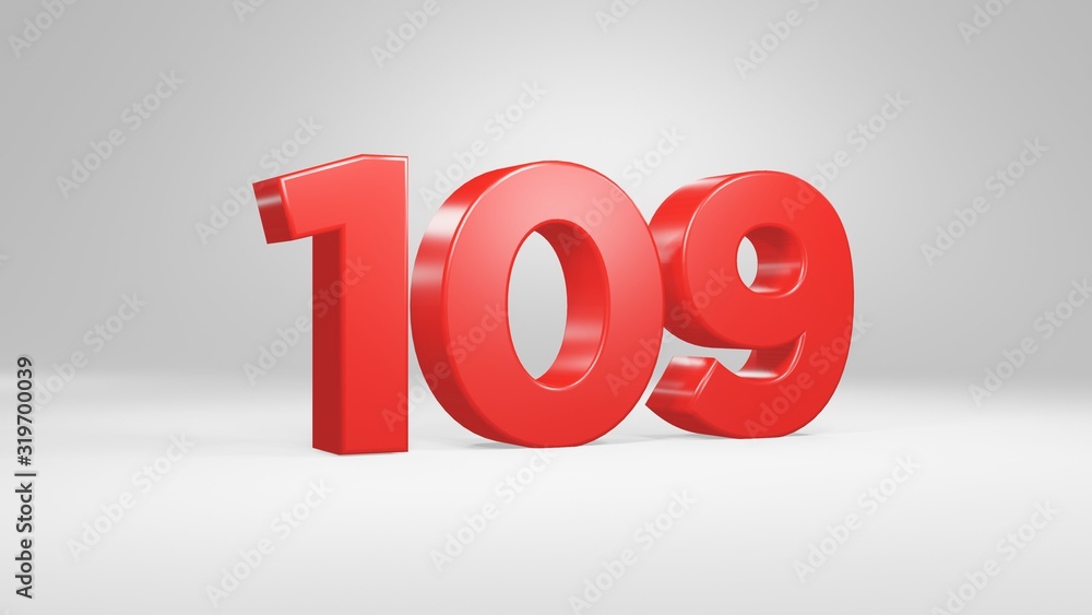 Number 109 in red on white background, isolated glossy number 3d render Number 109 in red on white background, isolated glossy number 3d render