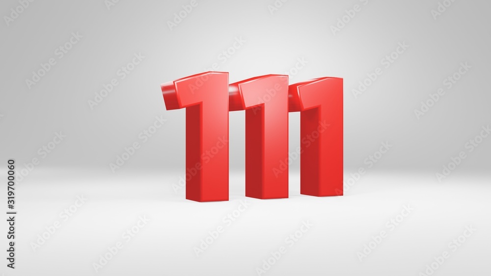 Number 111 in red on white background isolated glossy number 3d render