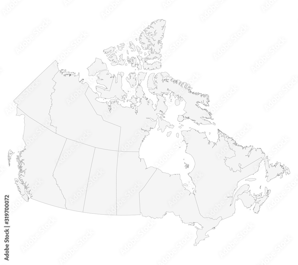 Map of Canada with provinces highlighted light gray background. North american country.