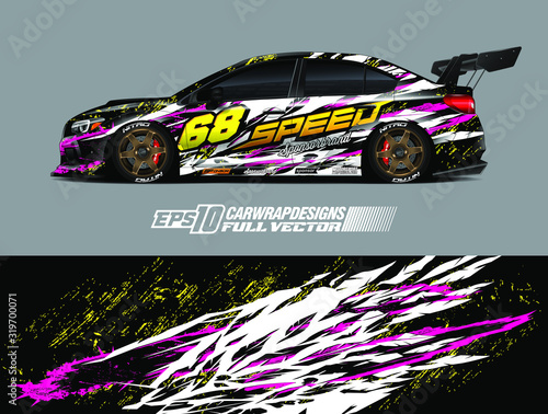 Vehicle graphic livery design vector. Graphic abstract stripe racing background designs for wrap cargo van, race car, pickup truck and adventure. Full vector Eps 10.