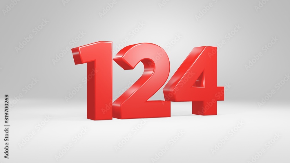 Number 124 in red on white background, isolated glossy number 3d render ...