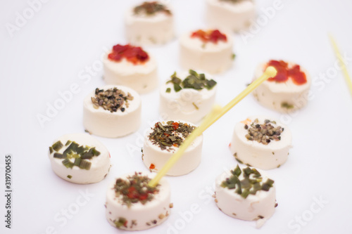 Curd cheese snack on a white background from above