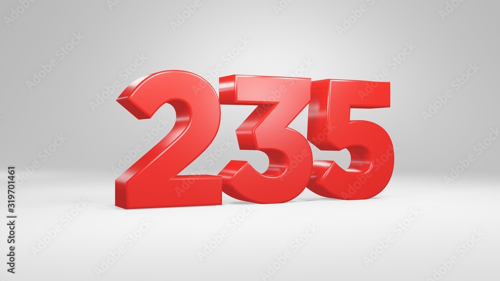Number 235 in red on white background, isolated glossy number 3d render Number 235 in red on white background, isolated glossy number 3d render