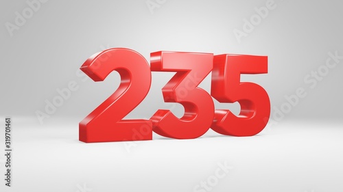 Number 235 in red on white background, isolated glossy number 3d render