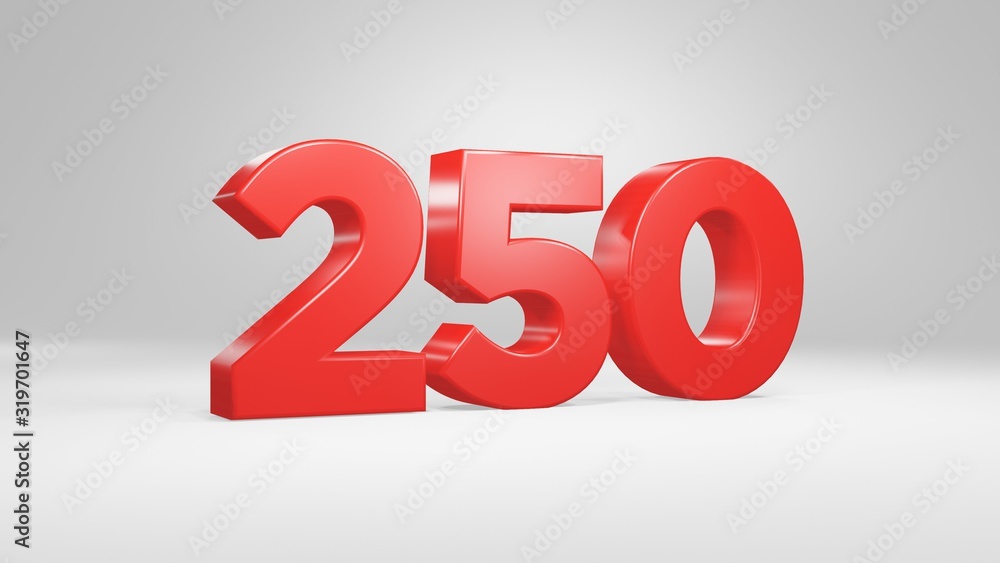 Number 250 in red on white background, isolated glossy number 3d render Number 250 in red on white background, isolated glossy number 3d render