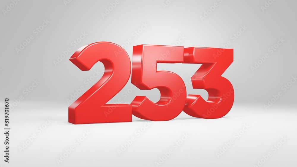 Number 253 in red on white background, isolated glossy number 3d render Number 253 in red on white background, isolated glossy number 3d render