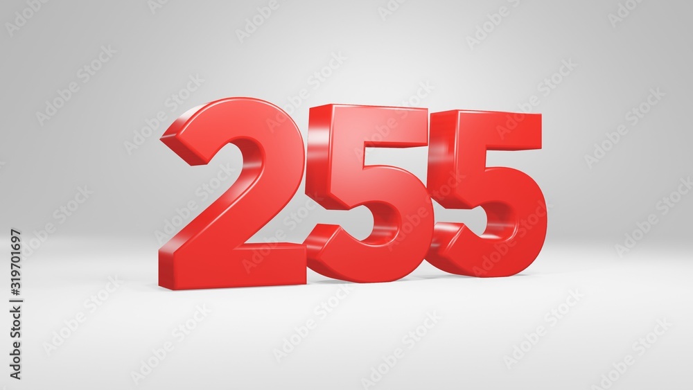 Number 255 in red on white background, isolated glossy number 3d render Number 255 in red on white background, isolated glossy number 3d render