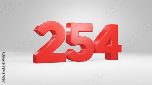 Number 254 in red on white background, isolated glossy number 3d render