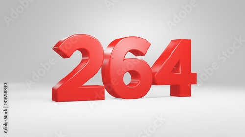 Number 264 in red on white background, isolated glossy number 3d render