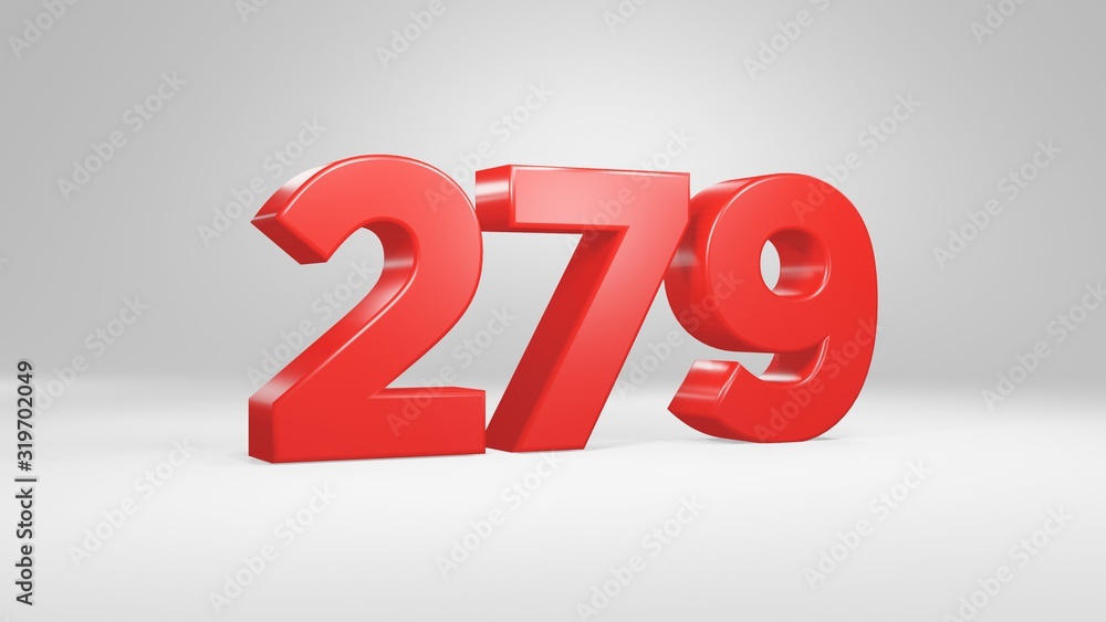 Number 279 in red on white background, isolated glossy number 3d render