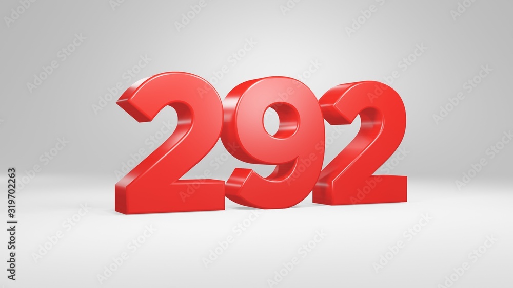 Number 292 in red on white background, isolated glossy number 3d 