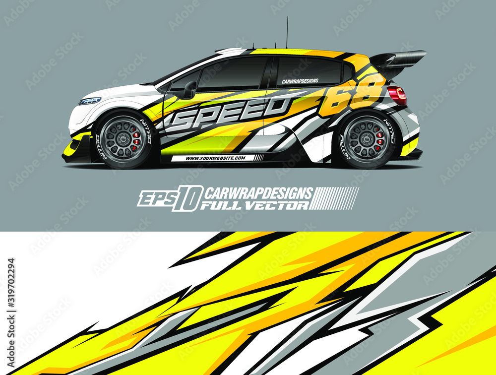 Vehicle graphic livery design vector. Graphic abstract stripe racing background designs for wrap cargo van, race car, pickup truck and adventure. Full vector Eps 10. Vehicle graphic livery design vector. Graphic abstract stripe racing background designs for wrap cargo van, race car, pickup truck and adventure. Full vector Eps 10.