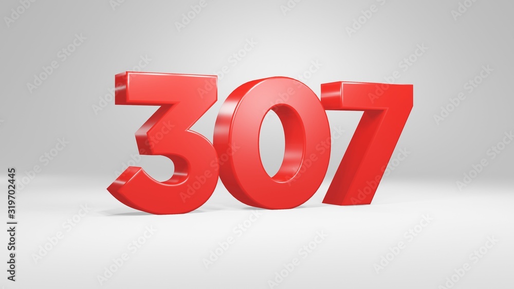 Number 307 in red on white background, isolated glossy number 3d render Number 307 in red on white background, isolated glossy number 3d render