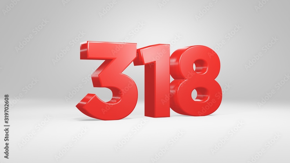 Number 318 in red on white background, isolated glossy number 3d render Number 318 in red on white background, isolated glossy number 3d render