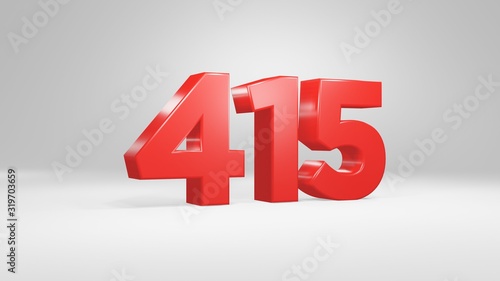 Number 415 in red on white background, isolated glossy number 3d render