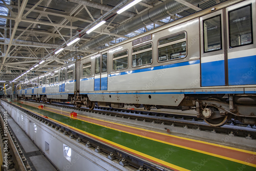 Inside the Mitino electric depot for the maintenance and repair of passenger trains and cars of the city metro. Moscow, Russia