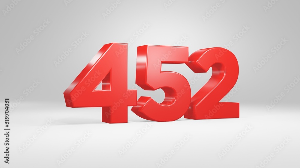 Number 452 in red on white background, isolated glossy number 3d render Number 452 in red on white background, isolated glossy number 3d render