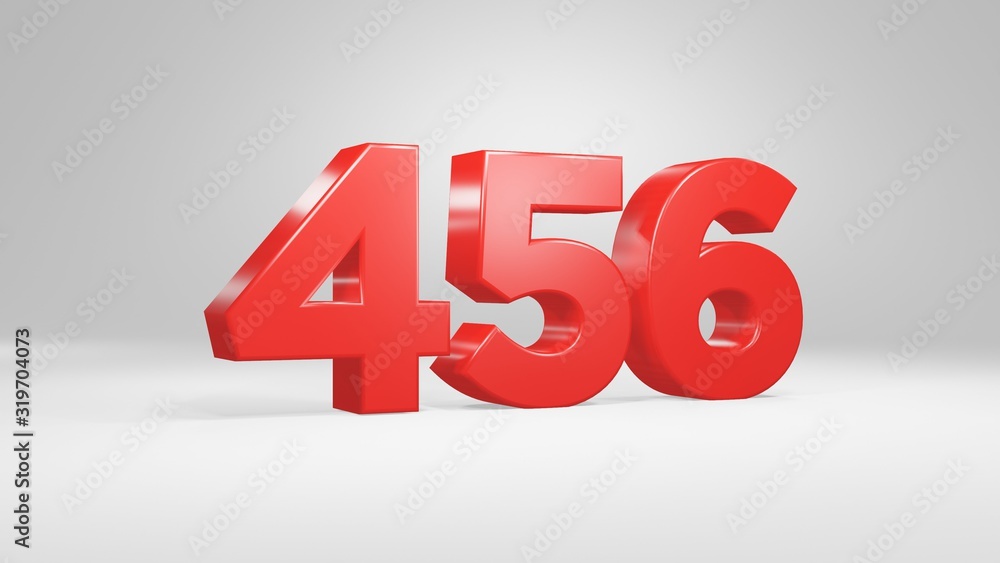 Number 456 in red on white background, isolated glossy number 3d render