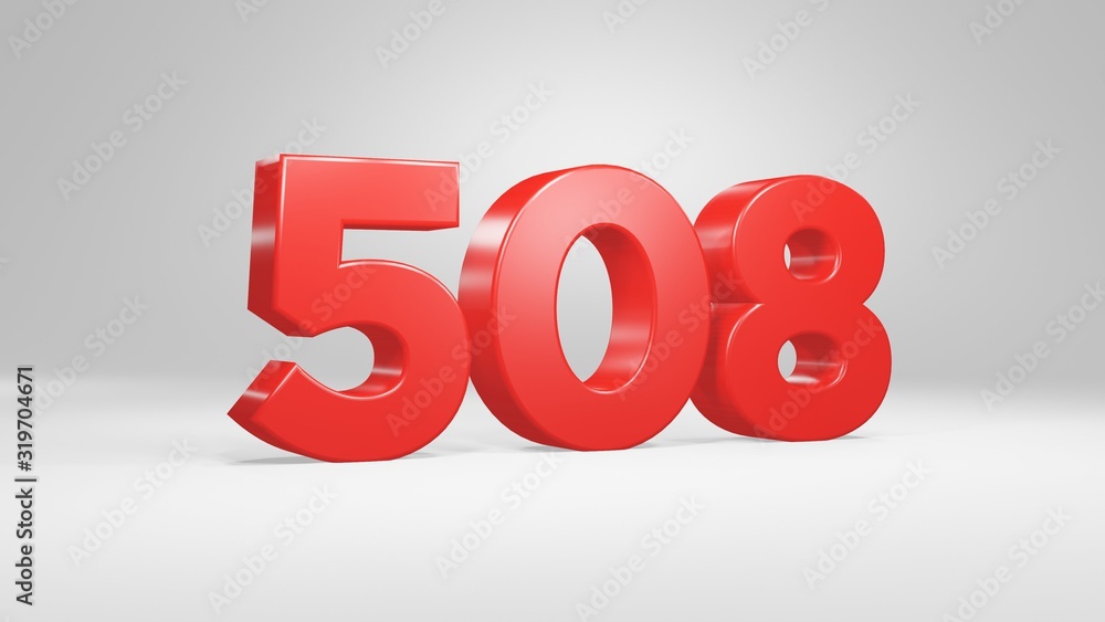 Number 508 in red on white background, isolated glossy number 3d render