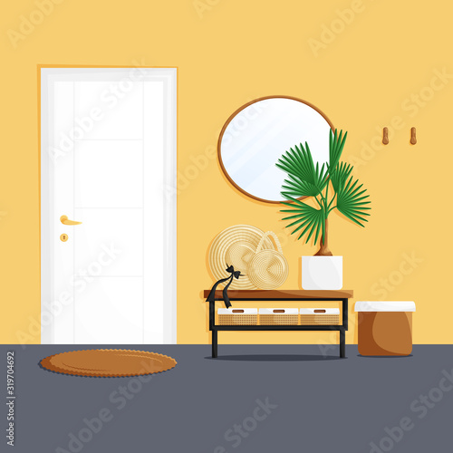 Vector interior of home hallway with decoration in cartoon flat style. Template of entrance of house with white door, mirror, washingtonia,puff and table with straw hat and handbag. Cozy home concept