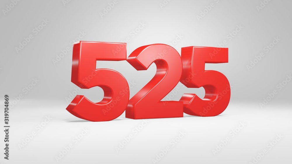 Number 525 in red on white background, isolated glossy number 3d render Number 525 in red on white background, isolated glossy number 3d render