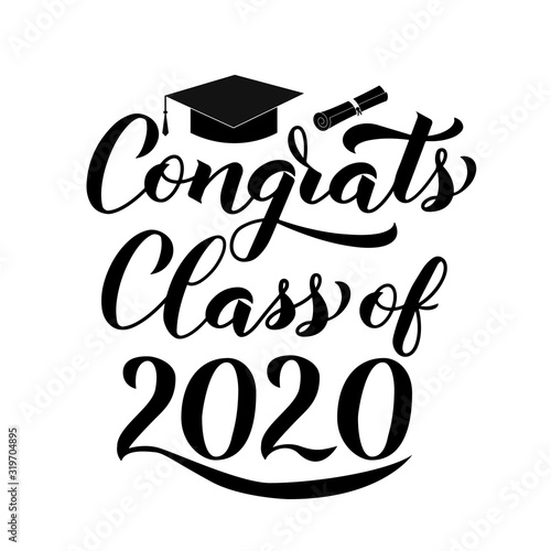 Congrats Class of 2020 lettering with graduation hat isolated on white. Congratulations to graduates typography poster. Vector template for greeting card, banner, sticker, label, t-shirt, etc.