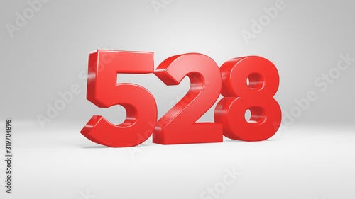 Number 528 in red on white background, isolated glossy number 3d render