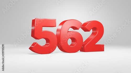 Number 562 in red on white background, isolated glossy number 3d render