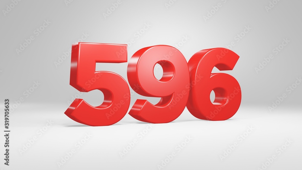 Number 596 in red on white background, isolated glossy number 3d render