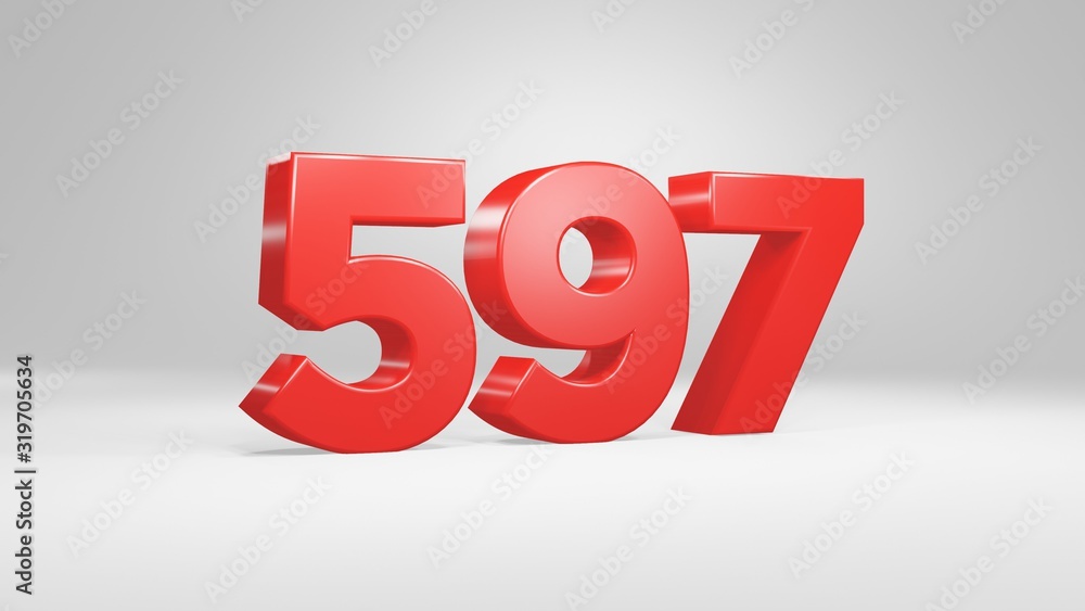Number 597 in red on white background, isolated glossy number 3d render Number 597 in red on white background, isolated glossy number 3d render