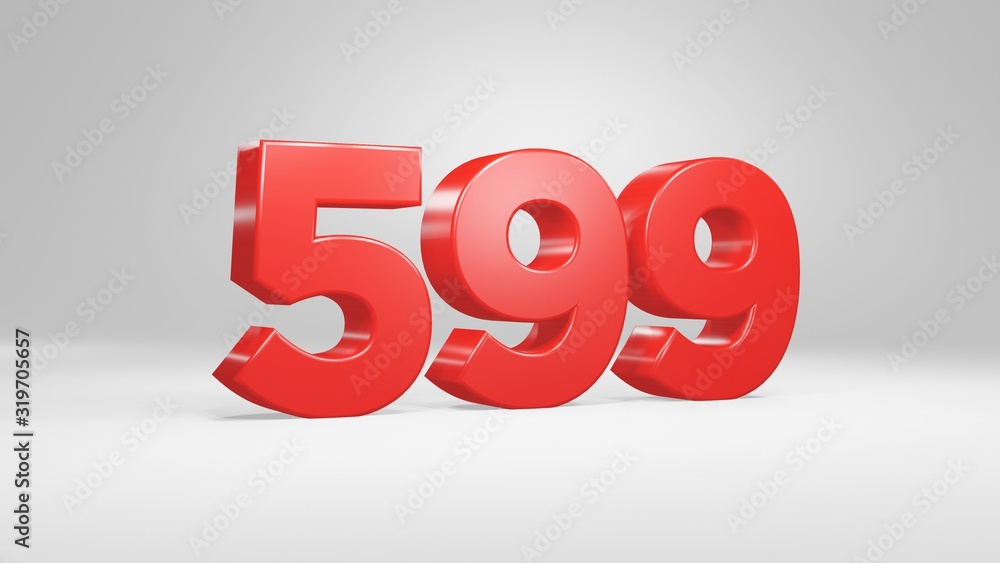 Number 599 in red on white background, isolated glossy number 3d render Number 599 in red on white background, isolated glossy number 3d render