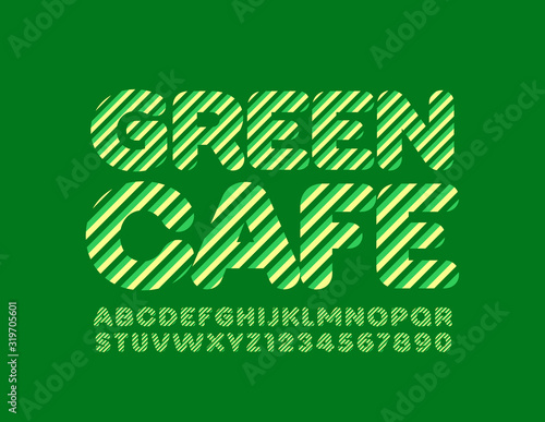 Vector creative emblem Green Cafe with Alphabet Letters and Numbers. Trendy striped Font