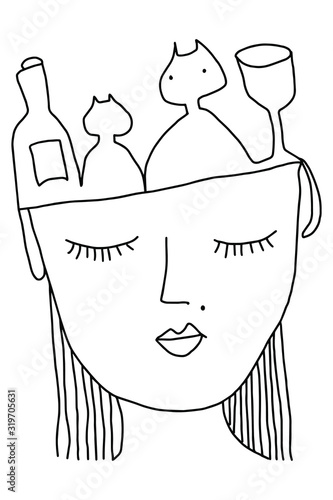 Linear Vector illustration portrait of a woman. Linear girl strong and independent with cat and wine. Girl power and feminist movement. Concept for prints, t-shirts.