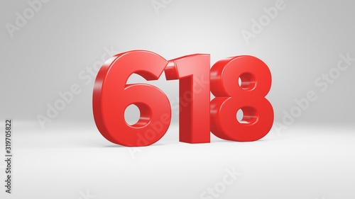 Number 618 in red on white background, isolated glossy number 3d render