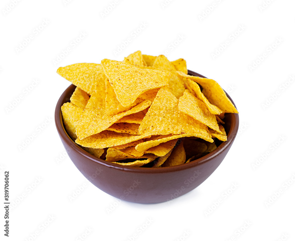 Nachos with cheese. Corn chips isolated on white background Nachos with cheese. Corn chips isolated on white background