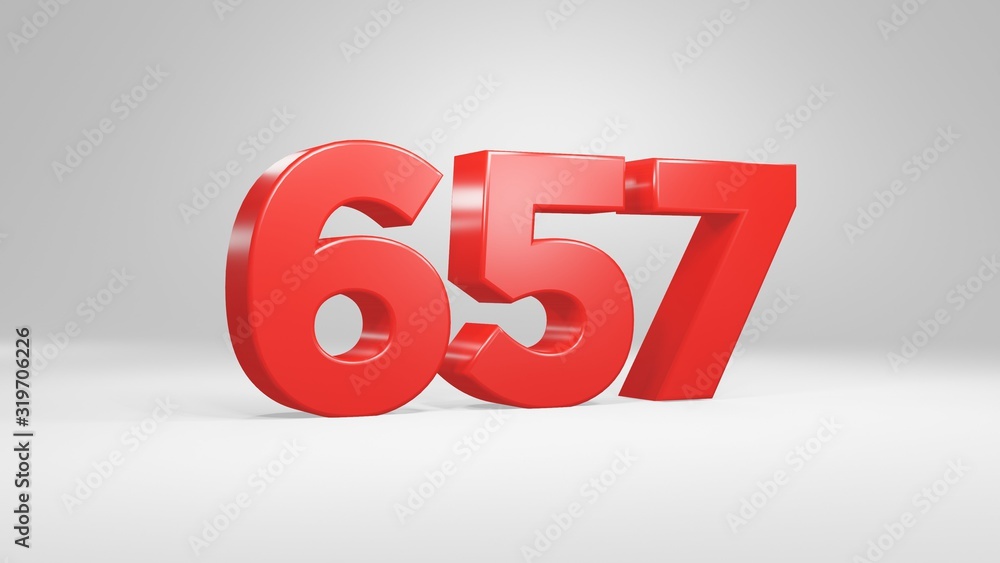 Number 657 in red on white background, isolated glossy number 3d render Number 657 in red on white background, isolated glossy number 3d render