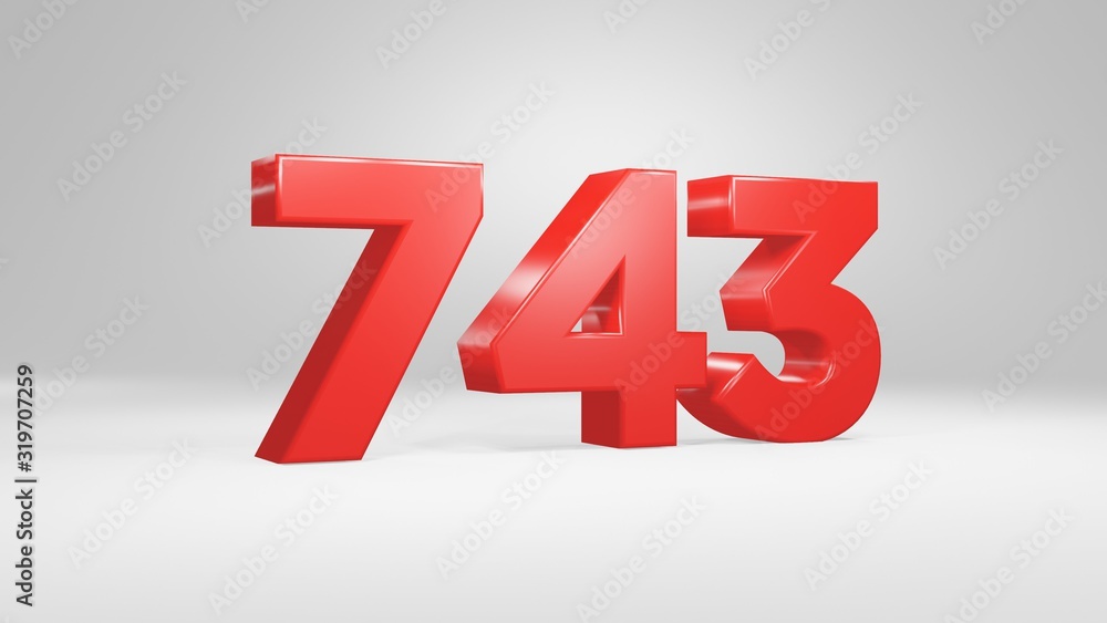 Number 743 in red on white background, isolated glossy number 3d render Number 743 in red on white background, isolated glossy number 3d render
