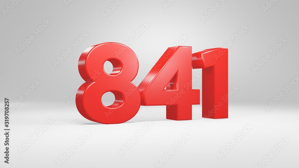 Number 841 in red on white background, isolated glossy number 3d render ...