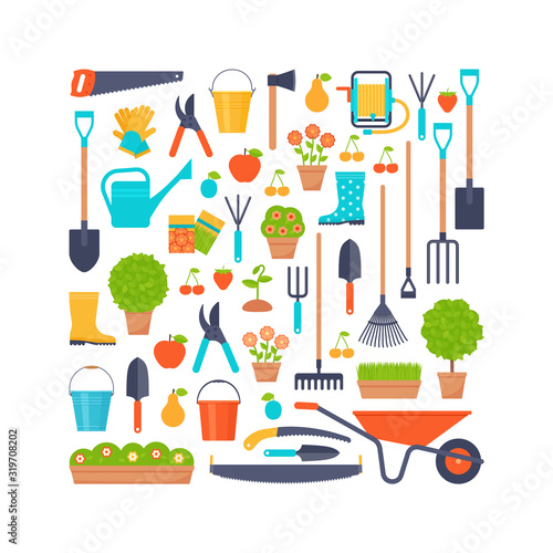 Garden tools. Vector. Gardening instruments. Horticulture set. Icons isolated on white background. Cartoon flat illustration for print, greeting card, banner stylized in square concept.