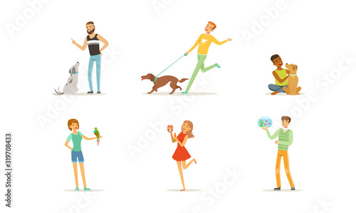 People with Their Pets, Men and Women Characters Training and Playing their Pet Animals, Turtle, Dog, Cat, Aquarium Fishes, Hamster Vector Illustration