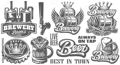 Set of vector monochrome patterns on the theme of beer and brewing