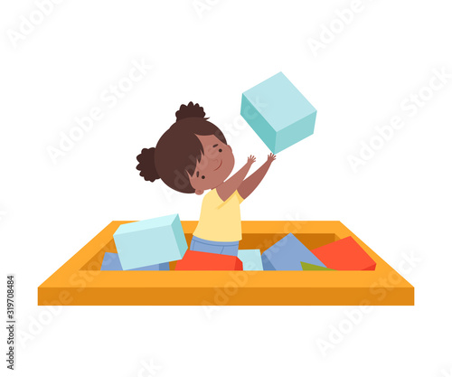 Cute Little Girl Playing in a Pool with Soft Colorful Cubes, Active Children Leisure Vector Illustration