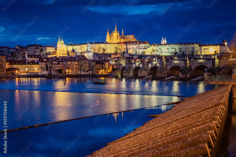 Prague Castle in the early evening, view from the Old Town Bridge Tower.