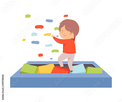 Cute Happy Little Boy Playing in a Pool with Soft Colorful Cubes, Active Children Leisure Vector Illustration